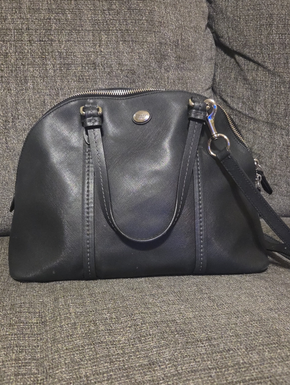 Coach Black Leather Dome Satchel with Silver Hardware